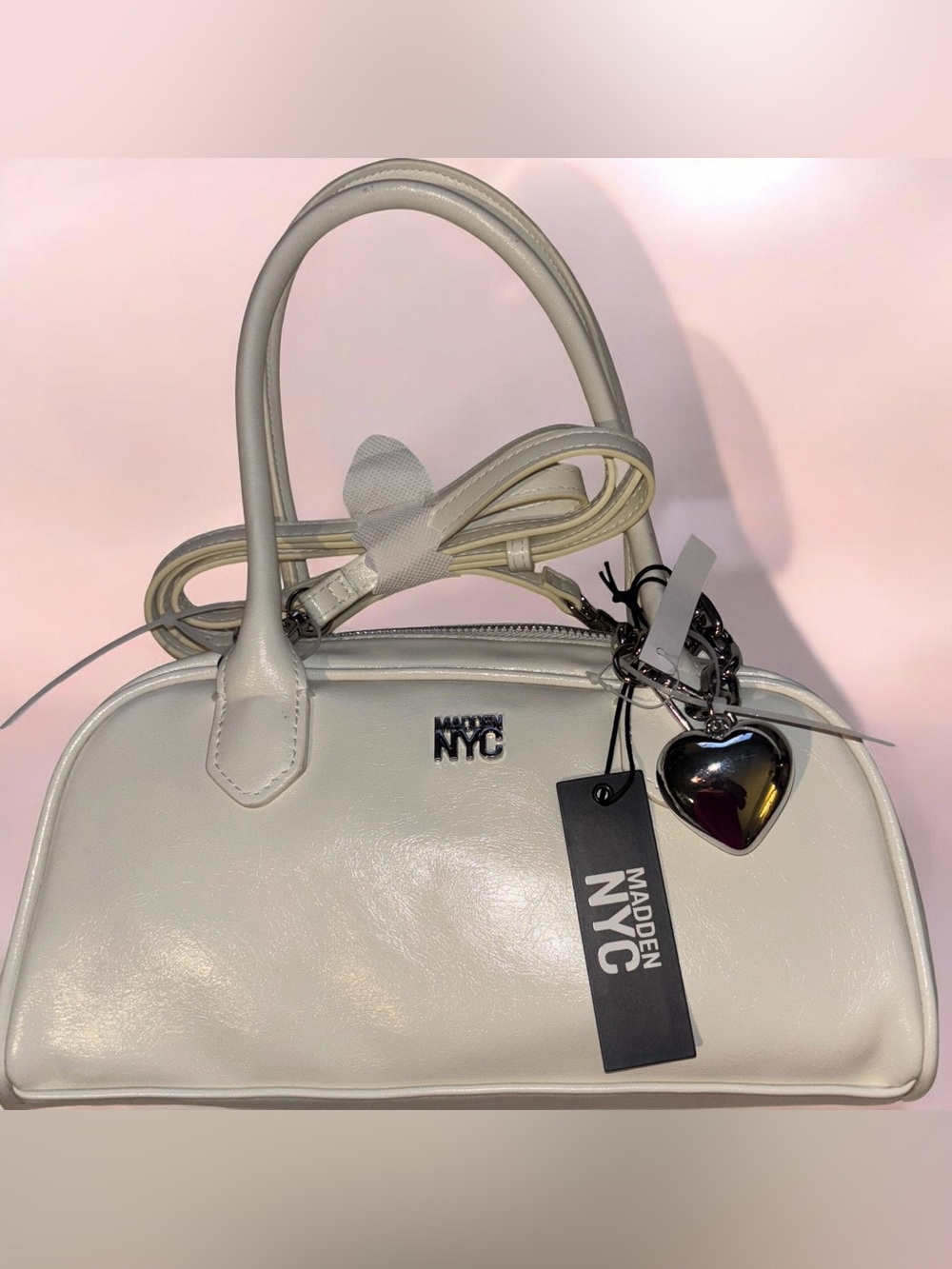 Madden NYC East West Bowler Bag Cream Women’s Satchel Bag with Heart Charm